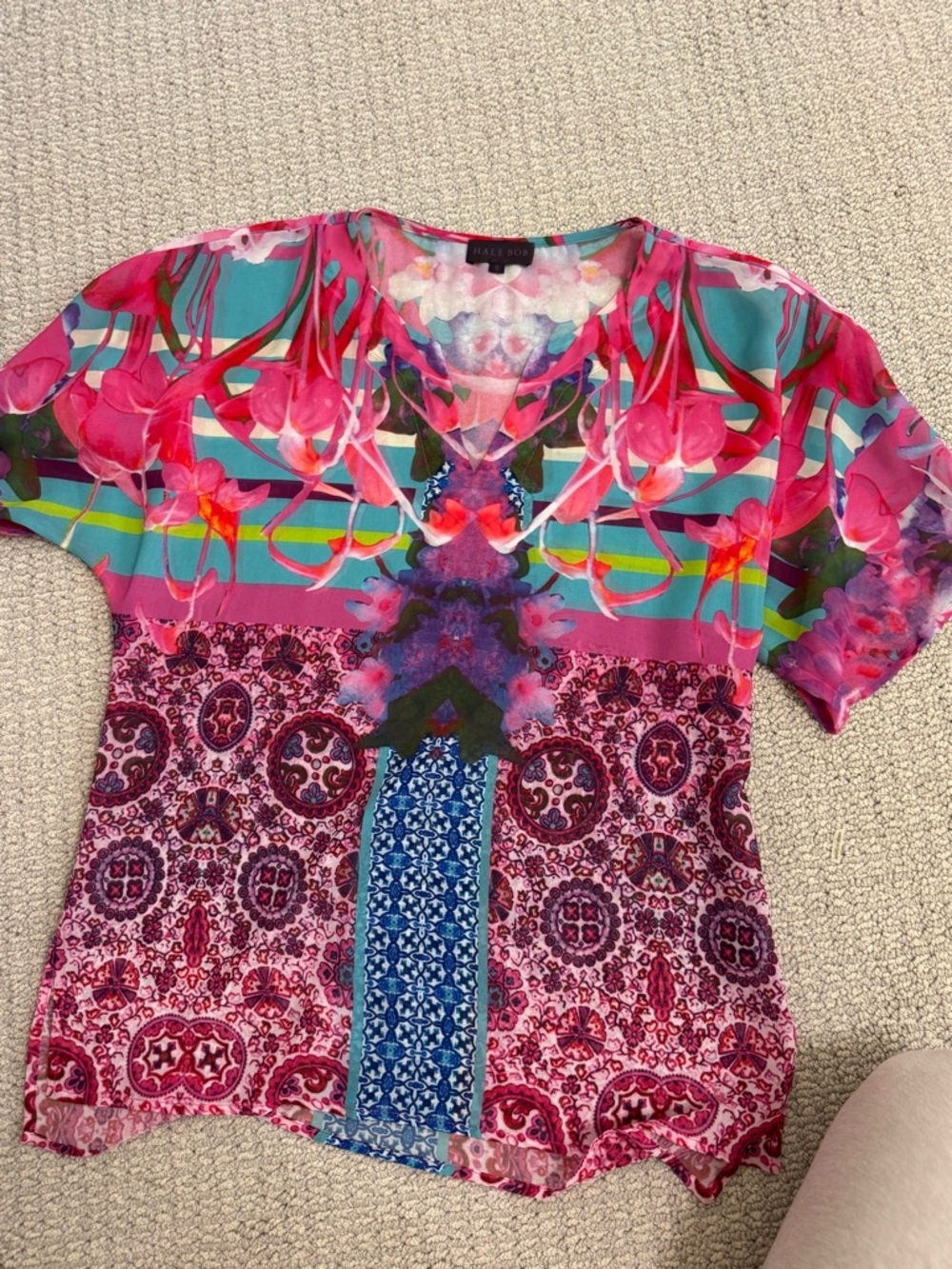 Hale Bob Pink Teal Multicolor Floral & Paisley V-Neck Top